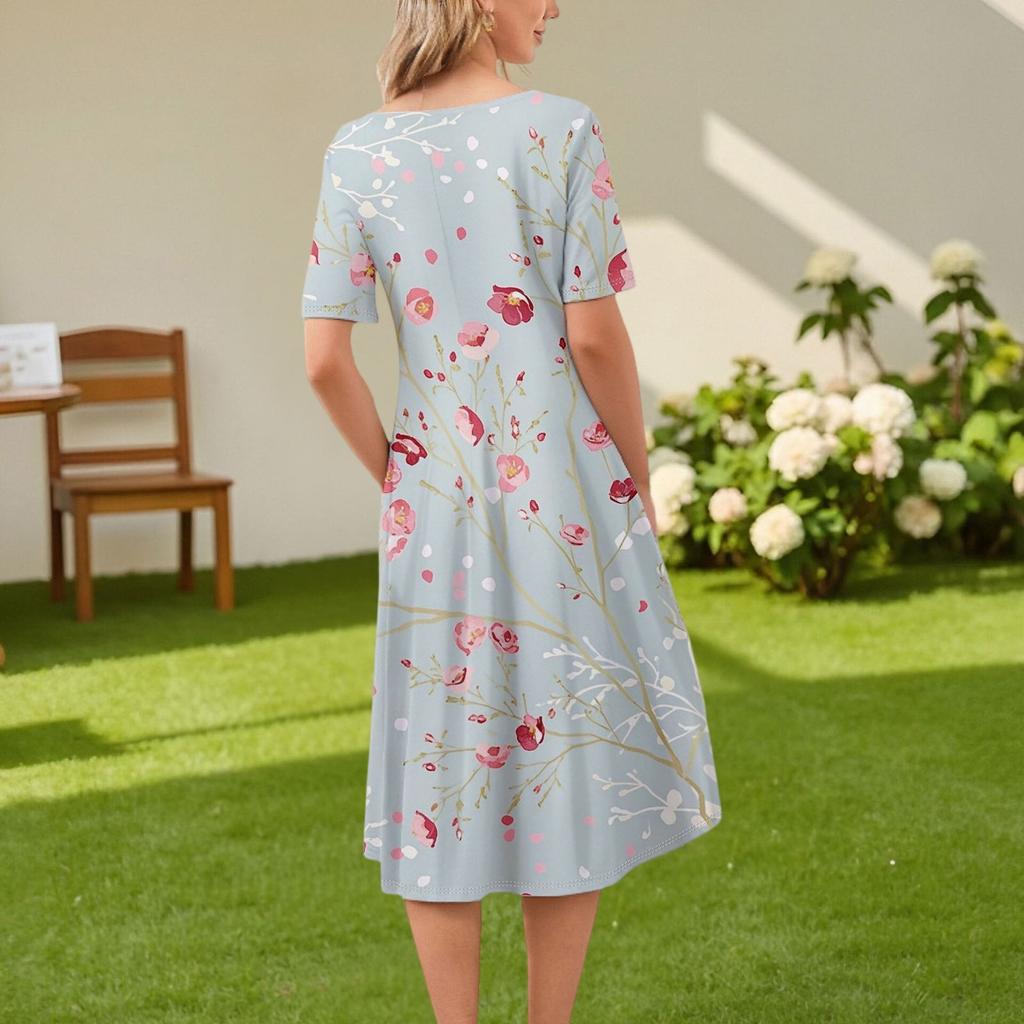 Abito Midi Casual da Donna alla Moda con Scollo Rotondo e Maniche Corte con Stampa Floreale