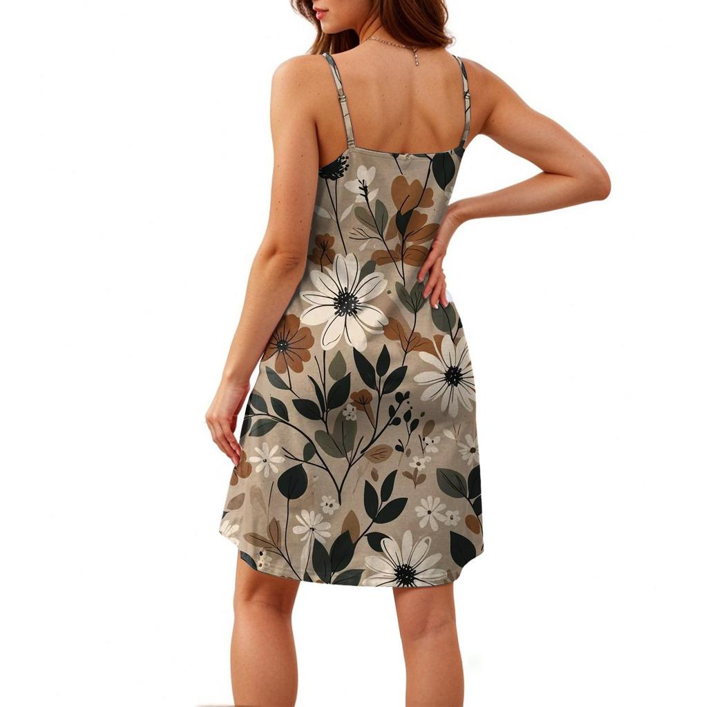 Fashion Women Summer Dress Vintage Floral Print Adjustable Spaghetti Straps Beach Vacation Casual Dress With Pockets