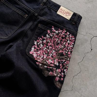 Jeans Anchos Estilo Y2K Bordado de Flores de Cerezo Pantalones Vaqueros Hombre Mujer Hiphop Americano Streetwear Pantalones Vaqueros de Pierna Ancha