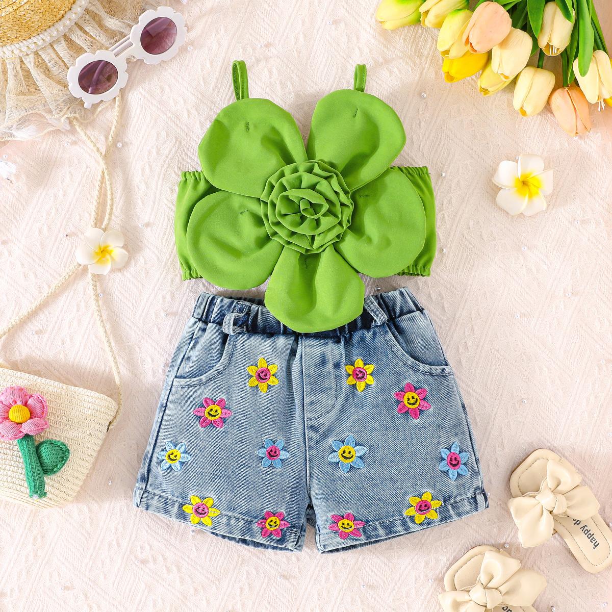 

2PCS Girls 3D Flower Crop Cami & Floral Denim Shorts Set, Casual Summer Outfit 6-9M яблочный зеленый