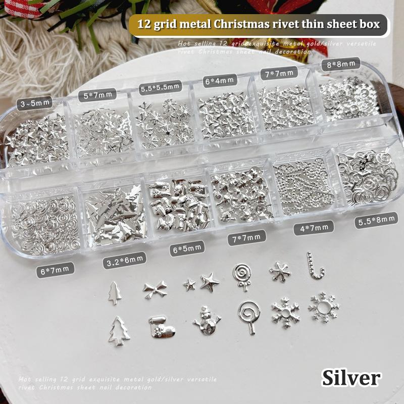 

12 Секций Рождественские Металлические Слайсы Елка Снежинка Леденец Шестеренка Звезда Золото Серебро Украшения Блестки для Нейл-арта Маникюрные Шармы серебряный