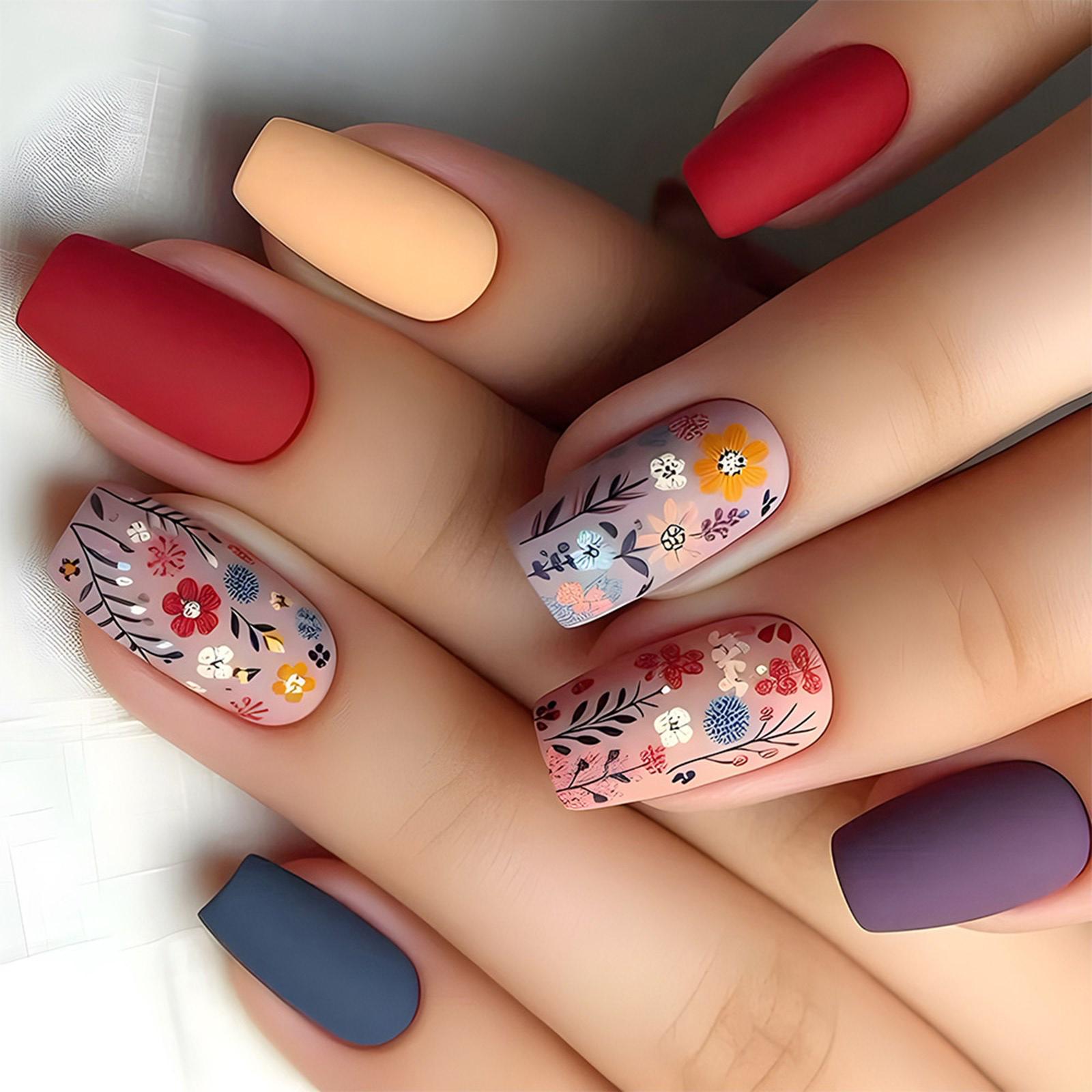 

Накладные ногти с цветами, ногти-гроб, матовые наклейки для ногтей, накладные ногти с полным покрытием, клей для ногтей для женщин и девушек