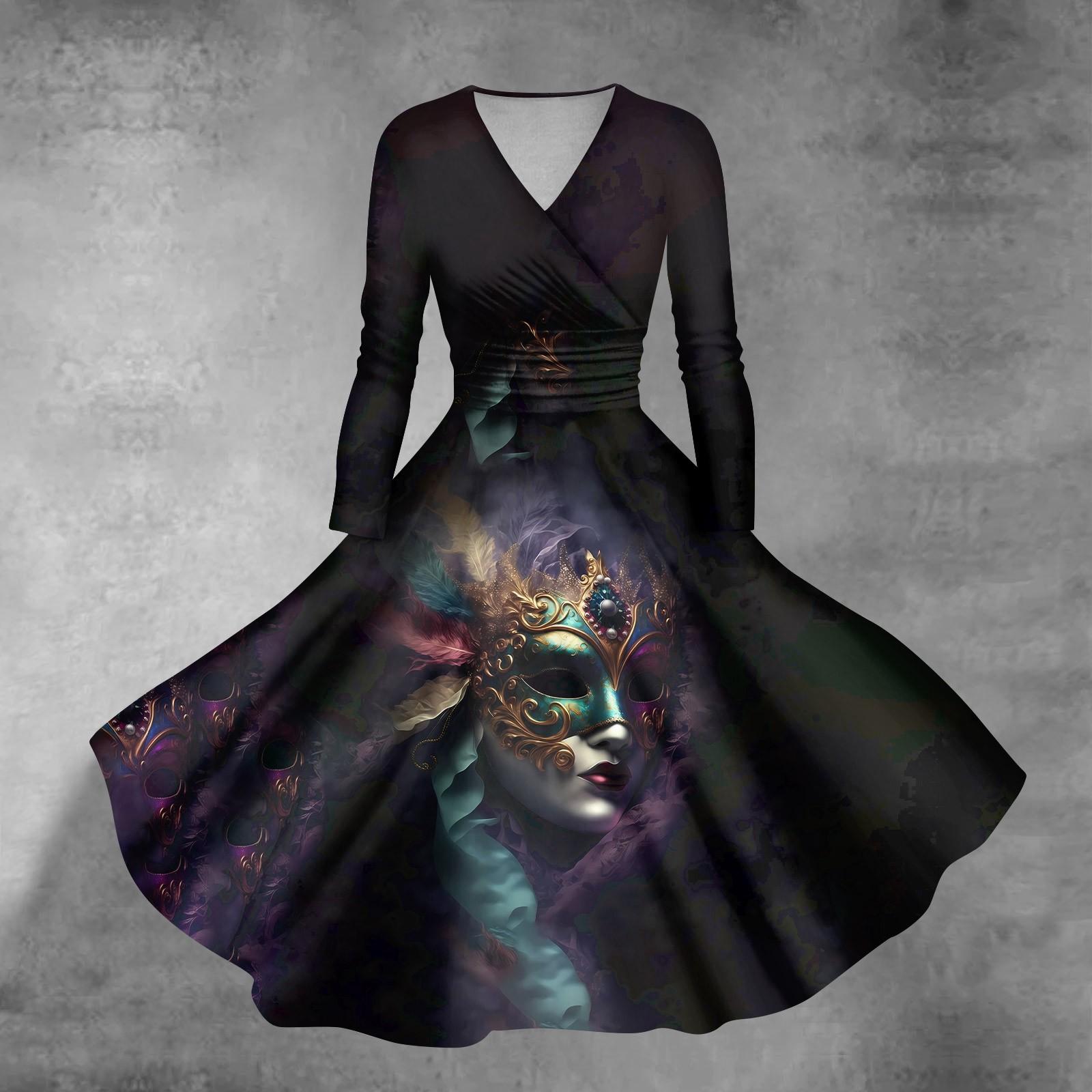 

Women s Casual And Fashionable Carnival Printed Long Sleeved V-neck Sexy Dress M