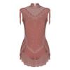 Girls Sparkling Rhinestones Dance Leotard Mock Neck Sleeveless Invisible Zipper Back Sheer Mesh Skirted Bodysuit
