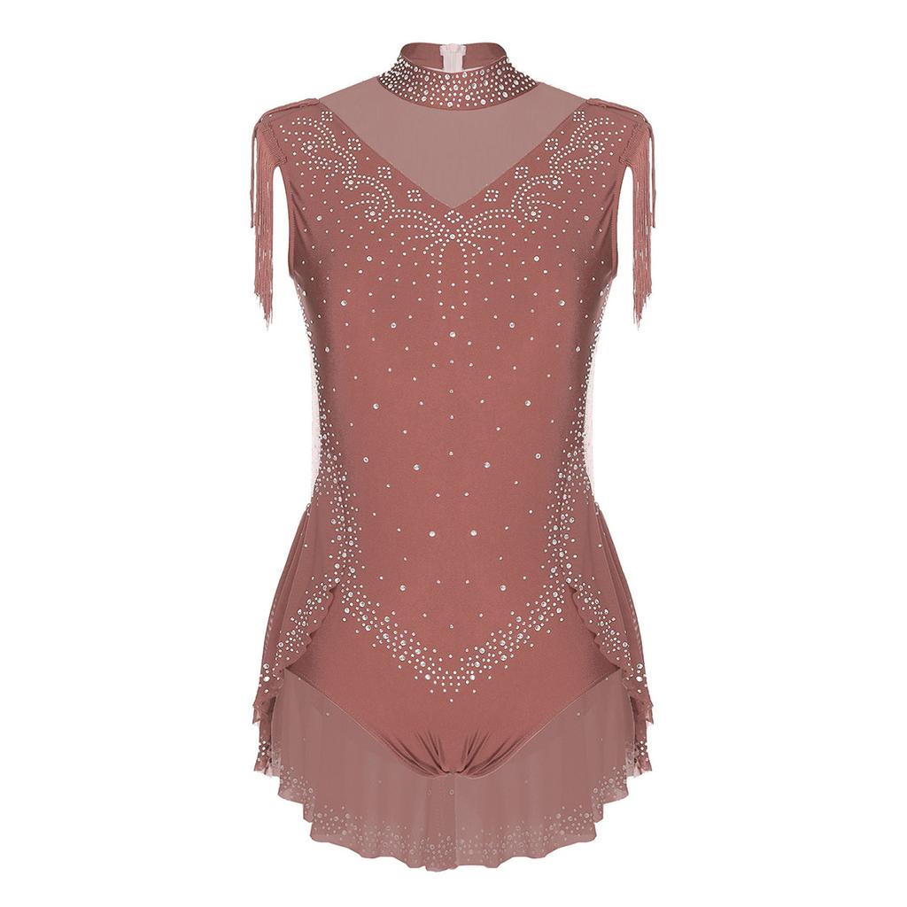 Girls Sparkling Rhinestones Dance Leotard Mock Neck Sleeveless Invisible Zipper Back Sheer Mesh Skirted Bodysuit