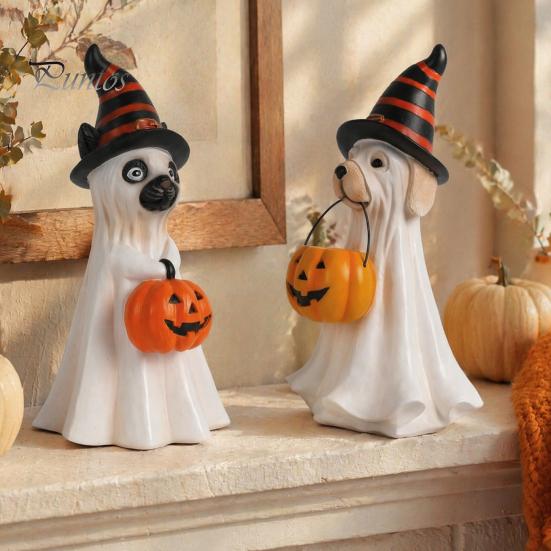 Indoor Haunted House Supplies Halloween Ghost Dog Figurine, Wizard Hat Pumpkin Resin Statue, Cute Tabletop Decor Puppy Ornaments for Entryway