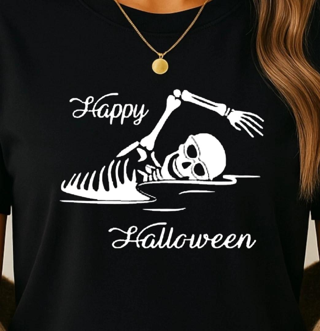 Swimming Skeleton  Happy Halloween  T-shirt | Swimmers Halloween Tee, Swim Team S