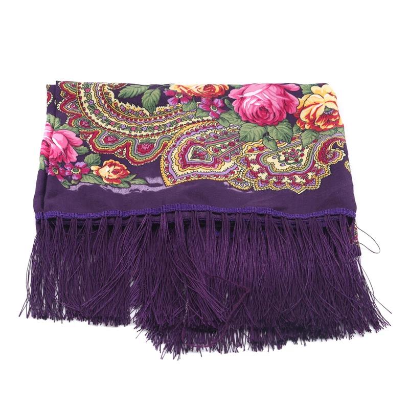 Women's Vintage Floral Print Shawl - Square Ethnic Scarf With Four-Sided Tassels For Travel & Dust Protection 