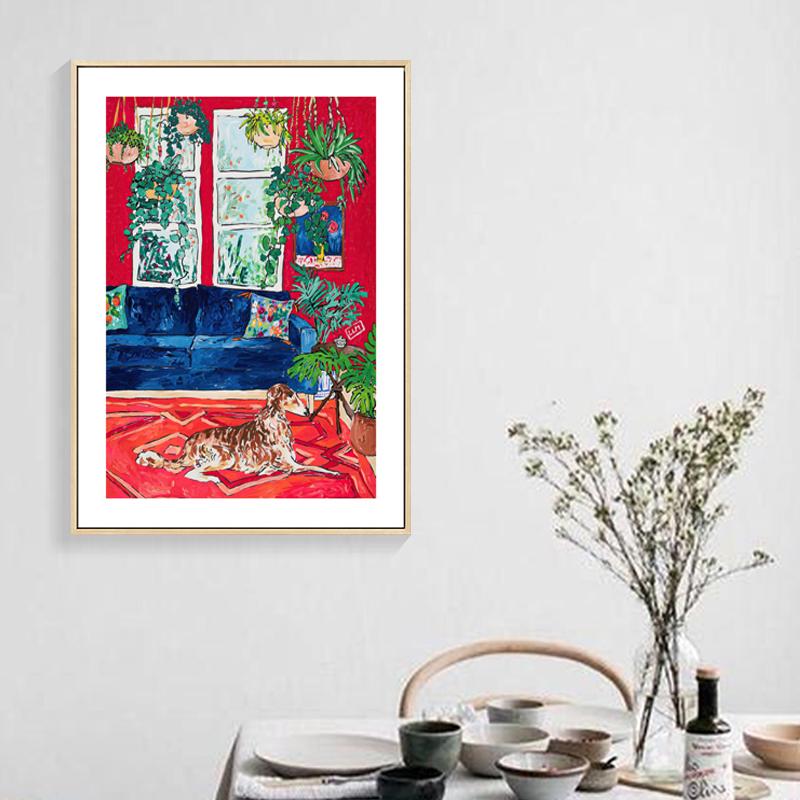Nostalgic Retro Oil Painting Sofa Cat Plant Poster Painting Core Printing Wall Art Home Decoration Canvas Painting Frameless