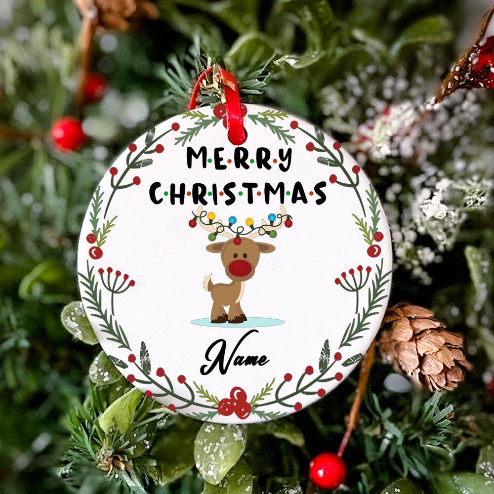 

Personalized Name Custom Merry Christmas Ornament Reindeer Wreath Enamel Ornament Cute Christmas Gift for Tree Decoration