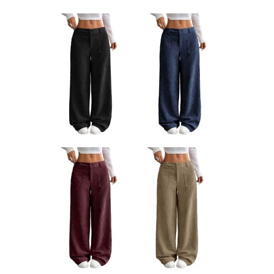 Women Pants Button Zipper Closure Straight Wide Leg Trousers with Pockets Solid Color Loose Fit Lounge Pants Daily Wear