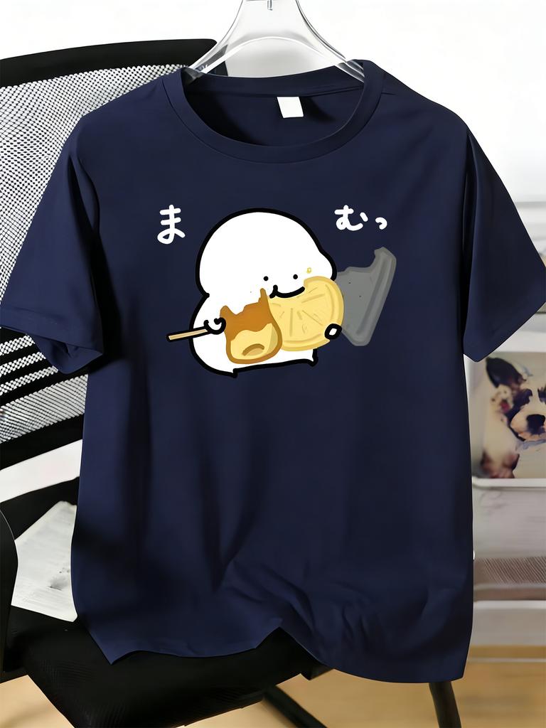 Unisex Crew Cotton Tee Cute Japanese Mochi Cartoon Print Short Sleeve Summer Daily Street Loose Top For Young Teen Male Casual Wear