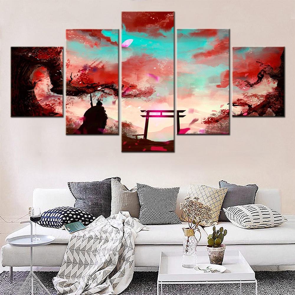 5 Pieces Animation Landscape Canvas Ghislain Painting Samurai Sakura Torii Poster Picture Print Home Decor Living Room Wall Arts
