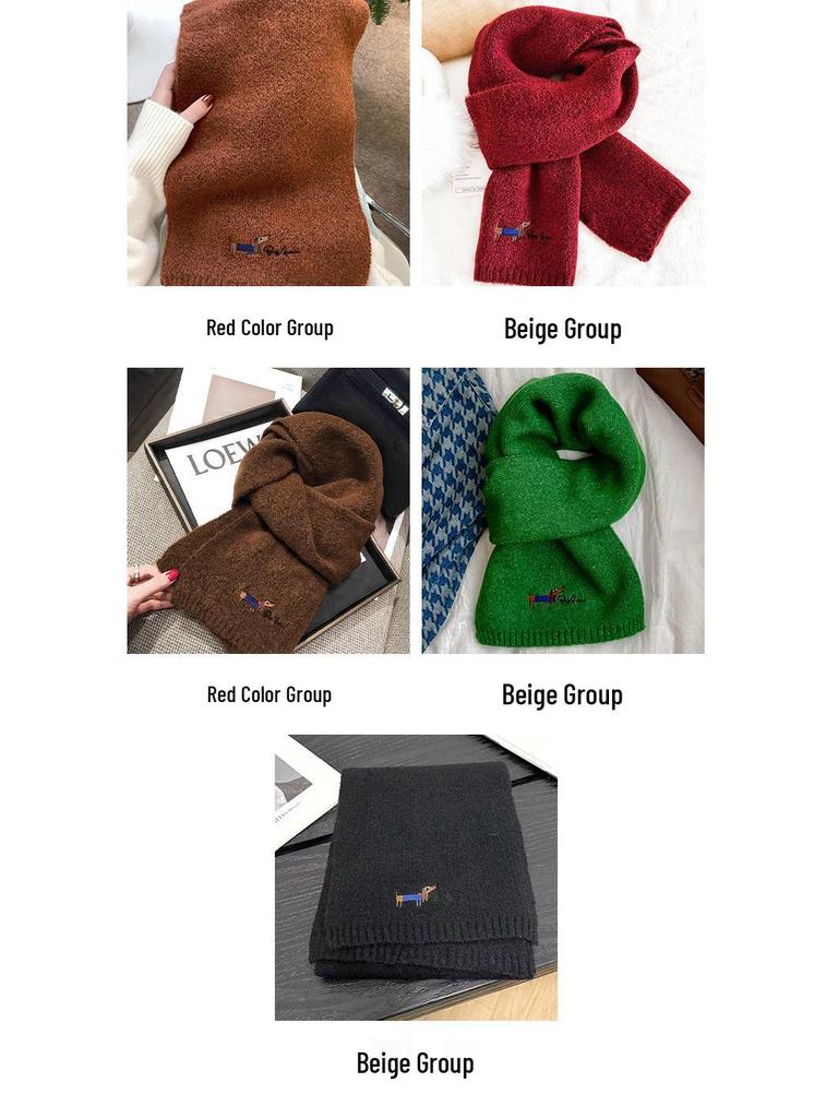 Korean Style Thickened Winter Puppy Embroidery Scarf - Warm, Versatile, Windproof Shawl for Women