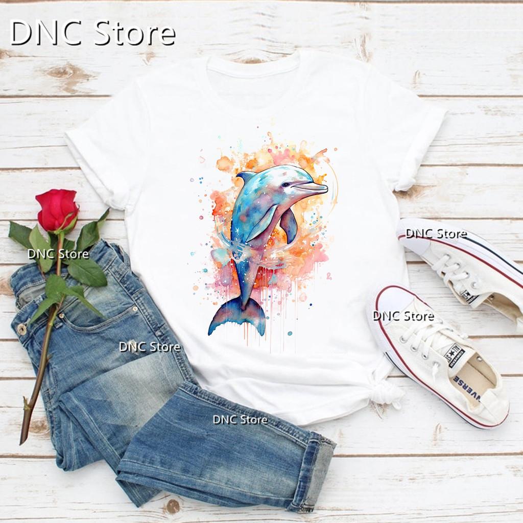 Newly Arrived Women'S T-Shirt Funny Marine Life dolphin Cartoon Print Tshirt Fashion 90s Tshirts Summer Femme T Shirt Tops