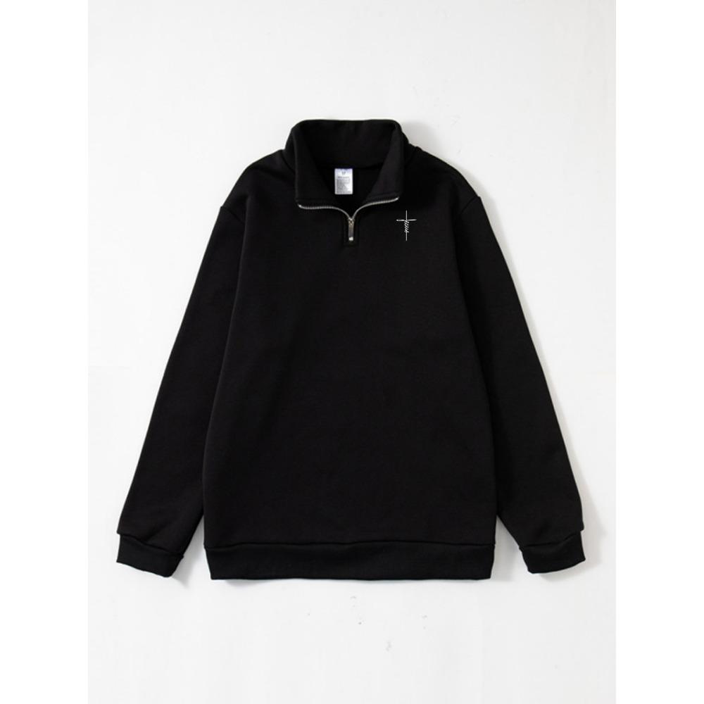 Cross Print Urban Casual Light Sport Men's Standing Collar Half Chain Multifunctional Sports Shirt, Autumn and Winter Fashionable Pullover