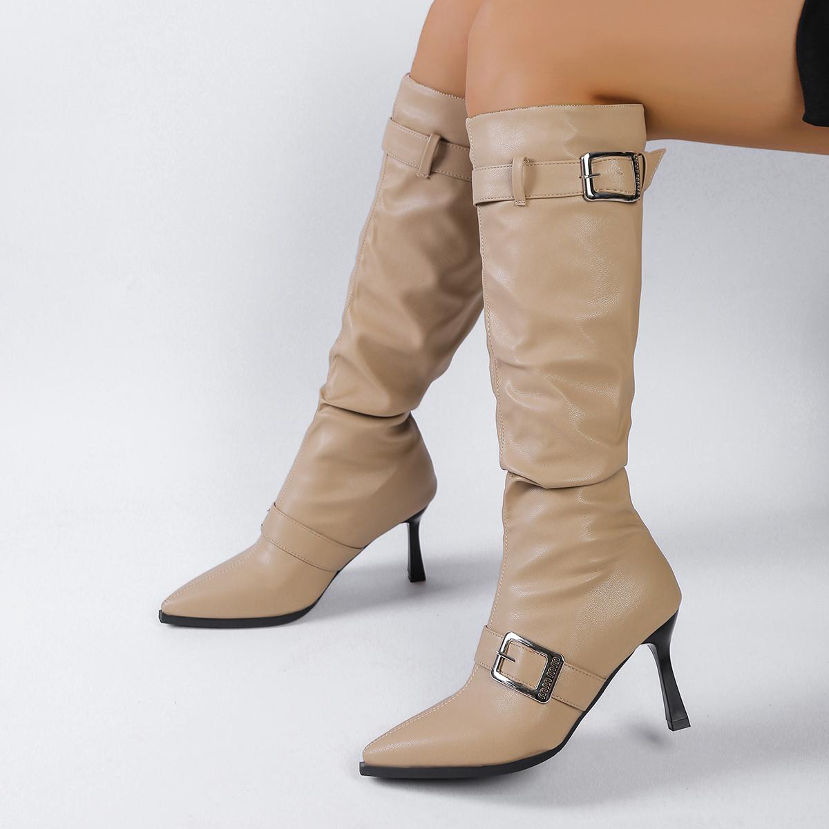 

Fashion Fashion Metal Buckle Decoration Long Boots for Women Solid Pointed Toe Autumn Knee High Boots Sexy Super High Heel Party Shoes 42 хаки