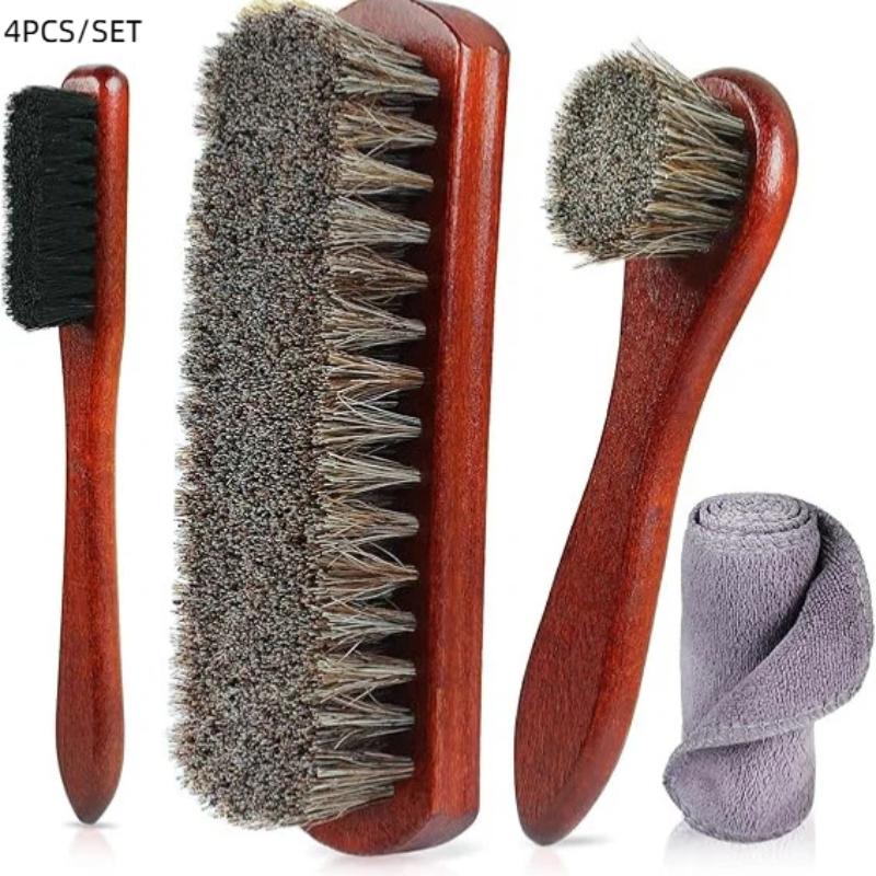 

Premium Horsehair Shoe Brush Kit - 4PCS Leather Care Brushes with Cleaning Cloth for Shoes, Boots & Bags