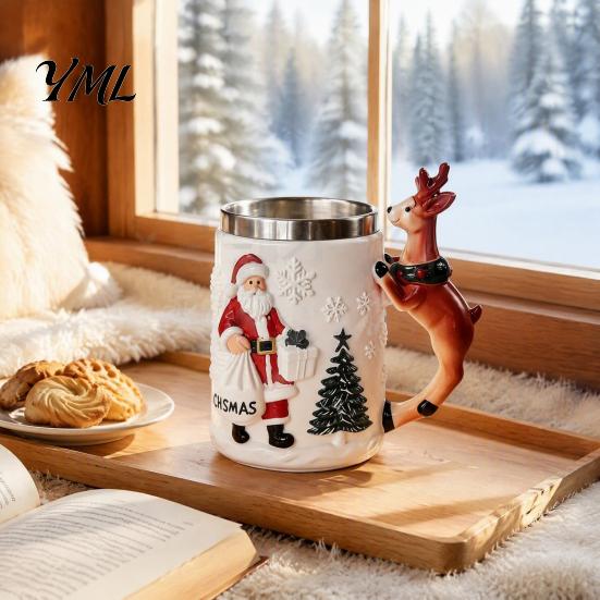 Decorative Desk Pen Holder Christmas Santa Claus Coffee Mug with Reindeer Handle, 300ml 3D Collectible Drinkware Embossed Resin Holiday Cup