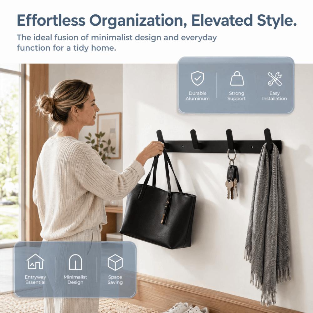 Black Wall Hook 4 Hooks Towel Rack Modern Coat Rack Bathroom Kitchen Entryway Bedroom
