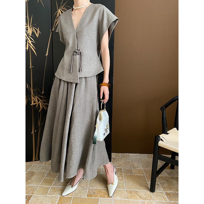 Sinan Tencel Vertical Cut Texture Top & Skirt Set SN5633 - Modern Chinese Style