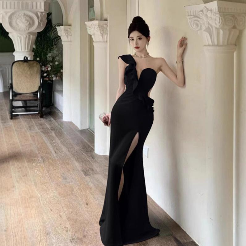 Premium Sensual Sexy Ruffle Evening Dress Elegant Atmosphere Single Shoulder Banquet Host Car Model Split Skirt