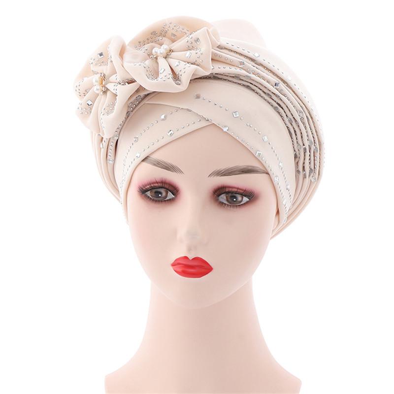 

Head Wrap Turban Cap Beanie Flower Decor Rhinestone Headscarf Cap Hair Accessories бежевий