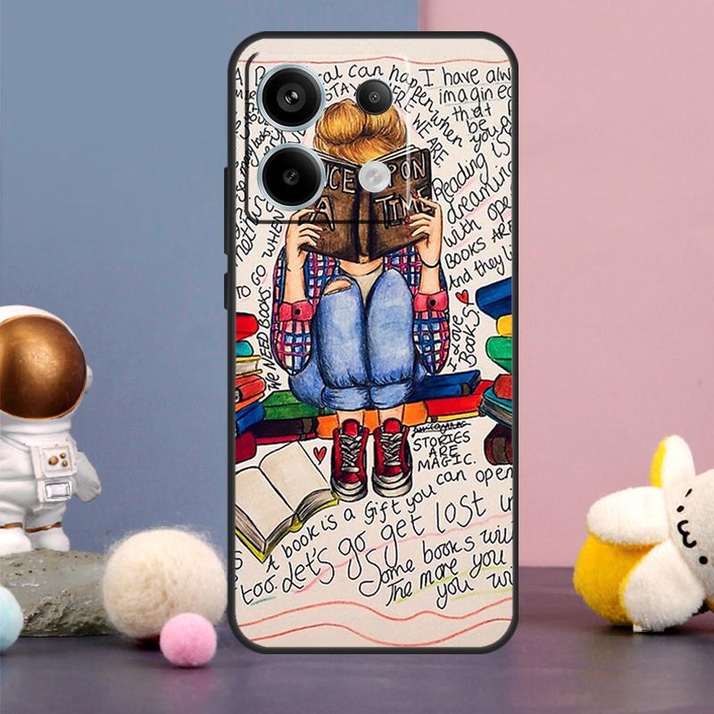 Read Books illustration Case For Xiaomi Redmi Note 14 13 9 10 11 12 15 Pro Plus Redmi 15 15C 14C 10C 12C 13C Cover