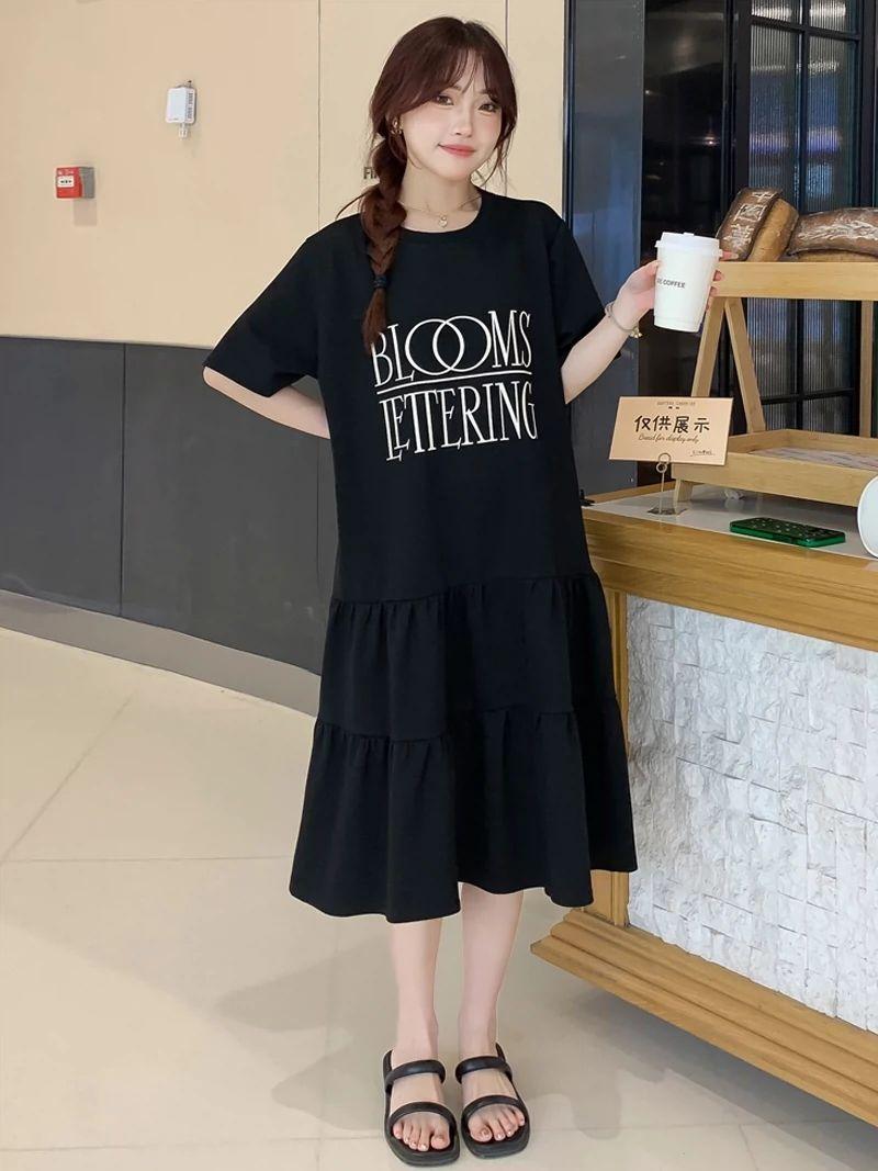 

Ruffle leaf edge short sleeve over the knee fishtail dress fat MM extra large size catty summer loose belly and thin T-shirt skirt M чёрный
