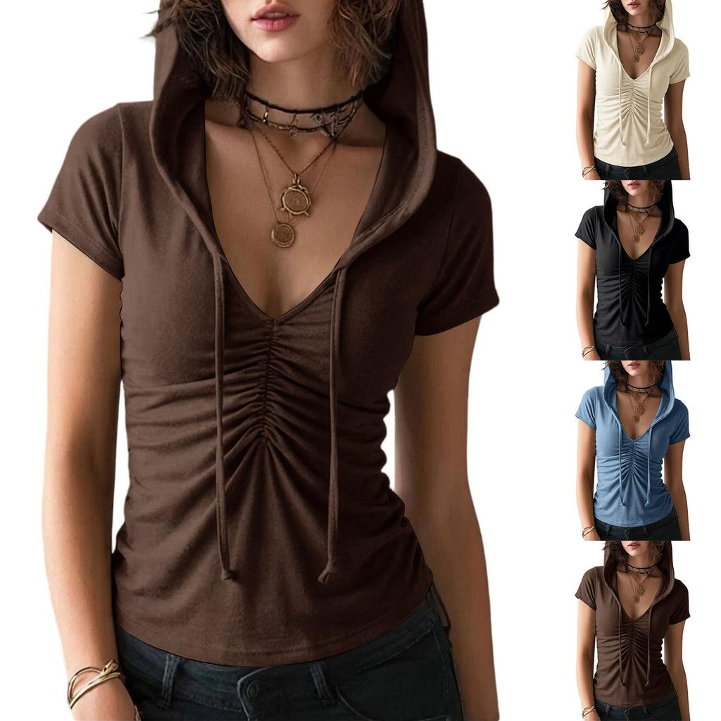 Women Slim Fit V Neck Hoodie Top Short Sleeve Casual Stretchy Ruched Front T Shirt Lightweight Soft Fabric