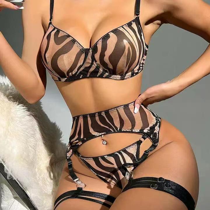 Zebra Pattern Mesh Lingerie - Sexy Three-Piece Set Available Now