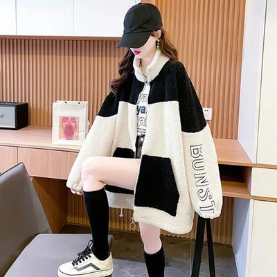 Stand-up Collar Letter Zipper Thickened Imitation Lamb Fur Coat for Women's Autumn and Winter New Internet Celebrity Loose Lazy Style Top