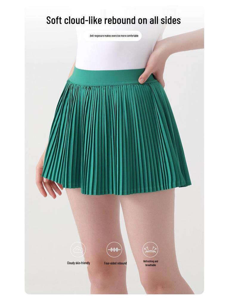 Damen Tennisrock mit hohem Bund: Fake zweiteiliger plissierter Sport-Skort mit integrierten Shorts.