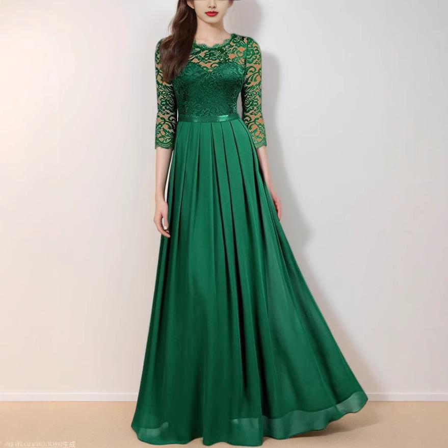 European Chiffon and Lace Round Neck Evening Dress for Women