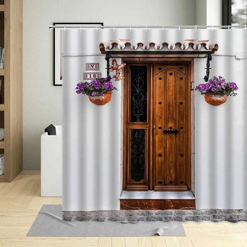 Vintage Wooden Door Shower Curtains Retro Wood Board Grain Printing Decor Screens Waterproof Fabric Bathroom Curtains With Hooks