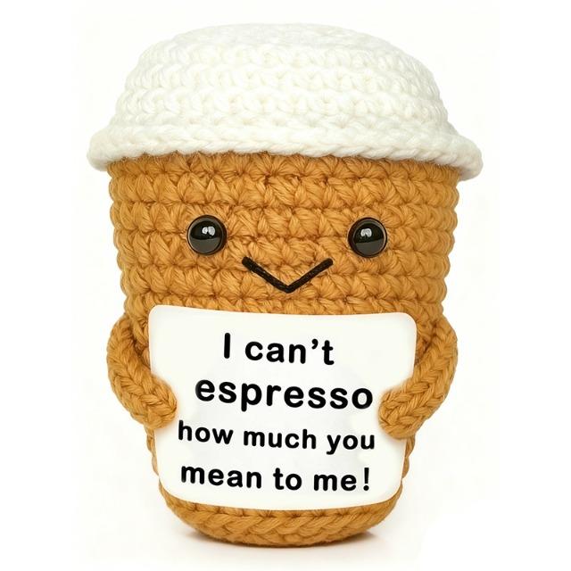 

Handmade Crochet Coffee Cup Doll - Brown White Emotional Support Toy, Simulation Desk Decor Gift for Coffee Enthusiasts