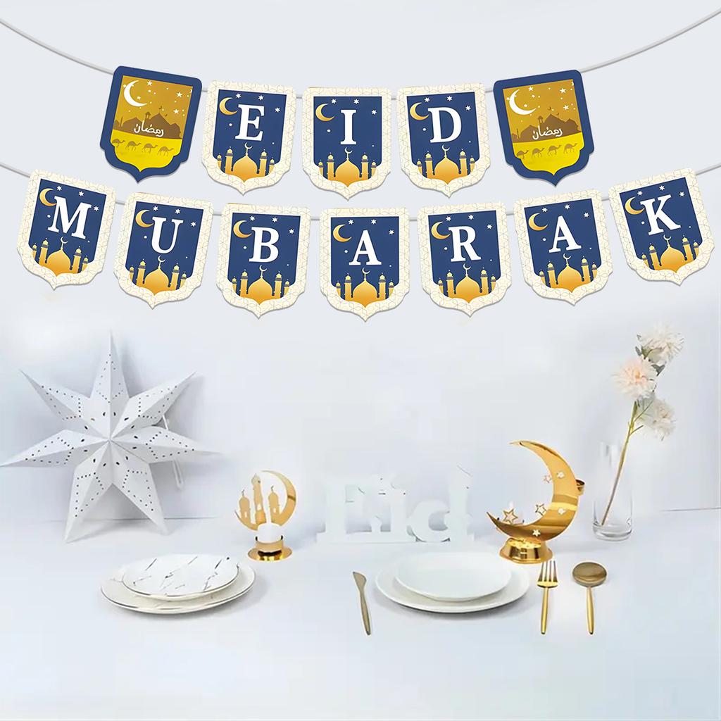 EID Mubarak Paper Banner Garland for Islamic Muslim Party Home Decoration 2025 Ramadan Kareem Hanging Ornaments Bunting Gift