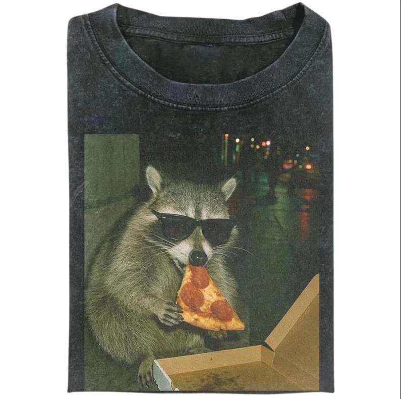 Funny Raccoon Eating Pizza Shirt, Animal Meme Graphic Tee 2XL