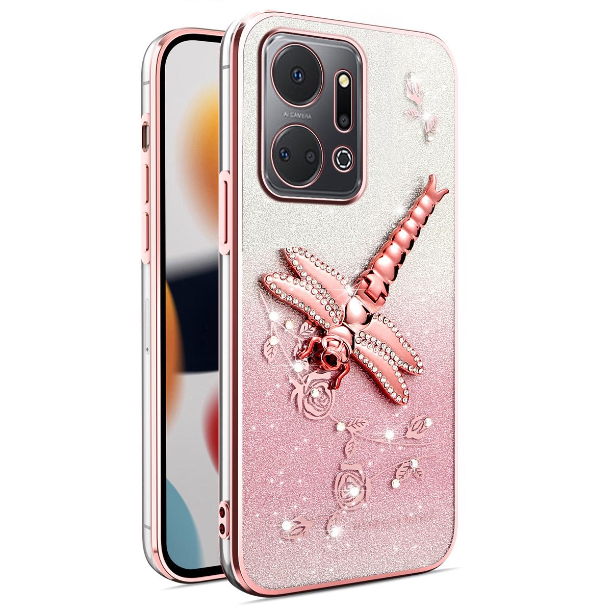 

KADEM For Honor X7a 4G Case Dragonfly Kickstand TPU Flowers Glitter Phone Cover Pink