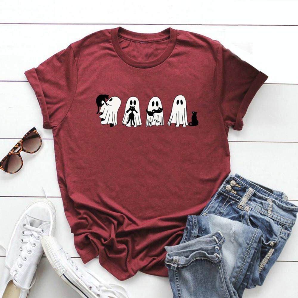 Halloween Black Cat and Ghost Tshirt Halloween Ghost Tshirt Spooky Season Cat Tee Cute Women Graphic T Shirts Halloween Gift