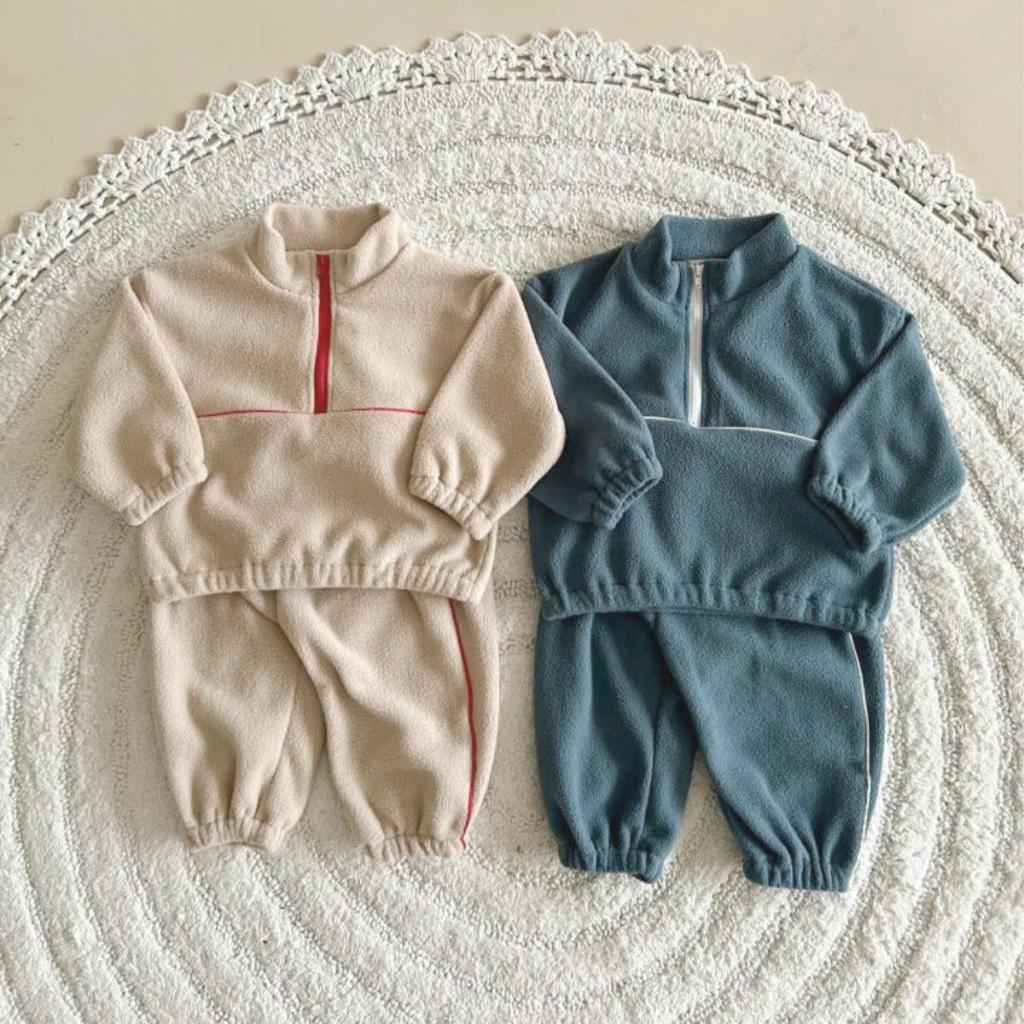 Men's and Children's Double-Sided Fleece Stand Collar Zipper Set: Autumn/Winter Casual and Plus Velvet Sportswear Two-Piece.