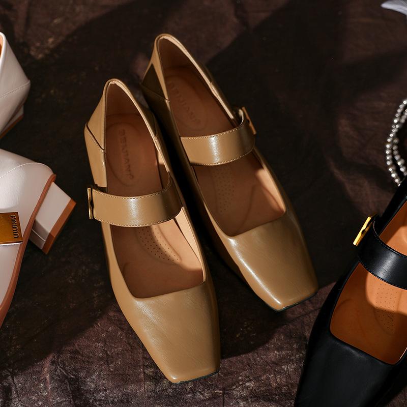 

X Fairy Mary Jane Shoes Velcro Soft Leather Versatile Square Head Single Shoes Low Heel Stepable Heel 39 коричневый