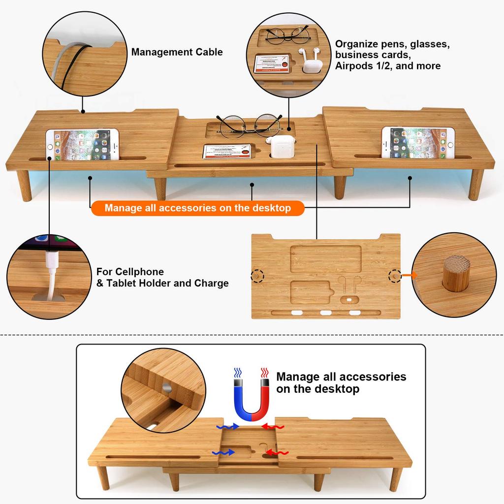Suporte para Monitor Pezin & Hulin, Suporte para Computador, Suporte de Mesa, Suporta Dois Monitores, 9,5 cm de Altura, Largura e Ângulo Ajustáveis, Armazenamento de Mesa, Adequado p