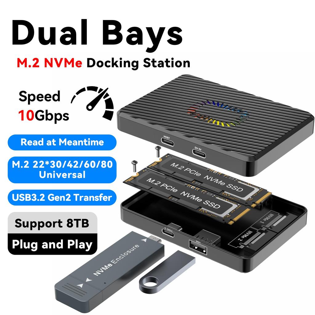 Dual Bays M2 NVME SATA SSD Enclouse 10Gbps Dual Protocol M.2 NVMe SATA SSD Case USB3.2 Solid State Docking Station M.2 Hard Disk Box Adapter for PC