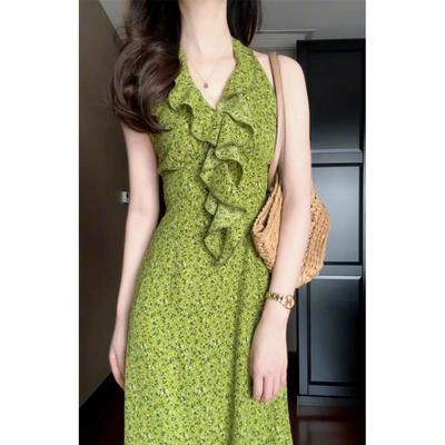 Green V-neck Sleeveless Neck Floral Dress Women's Summer Casual New Seaside Vacation Dress