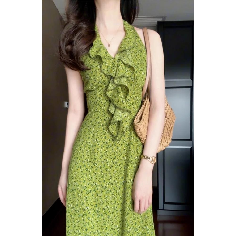 

Зеленое платье с V-образным вырезом без рукавов с цветочным принтом, женское летнее повседневное новое платье для морского отдыха XL- (recommended 110-60kg)