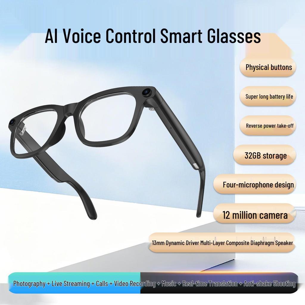 AI-Powered Smart Translation Glasses with 1200W Camera, Dual Microphone, Noise Reduction, and Live Streaming Capability.