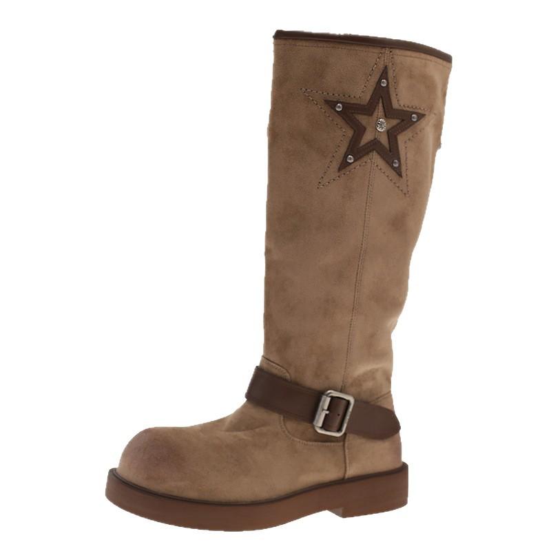 [Fanfuna] 2025 Autumn and Winter New Thick-bottomed Matte Retro Wasteland Wind Belt Buckle Medium Boots Knight Boots