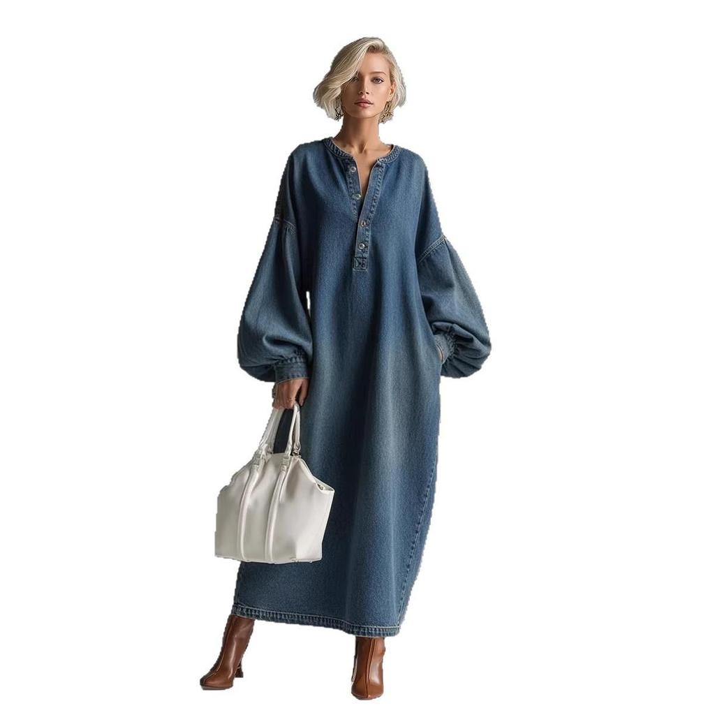 Women Deep Blue Loose Fit V Neck Button Front Puff Sleeve Denim Maxi Dress