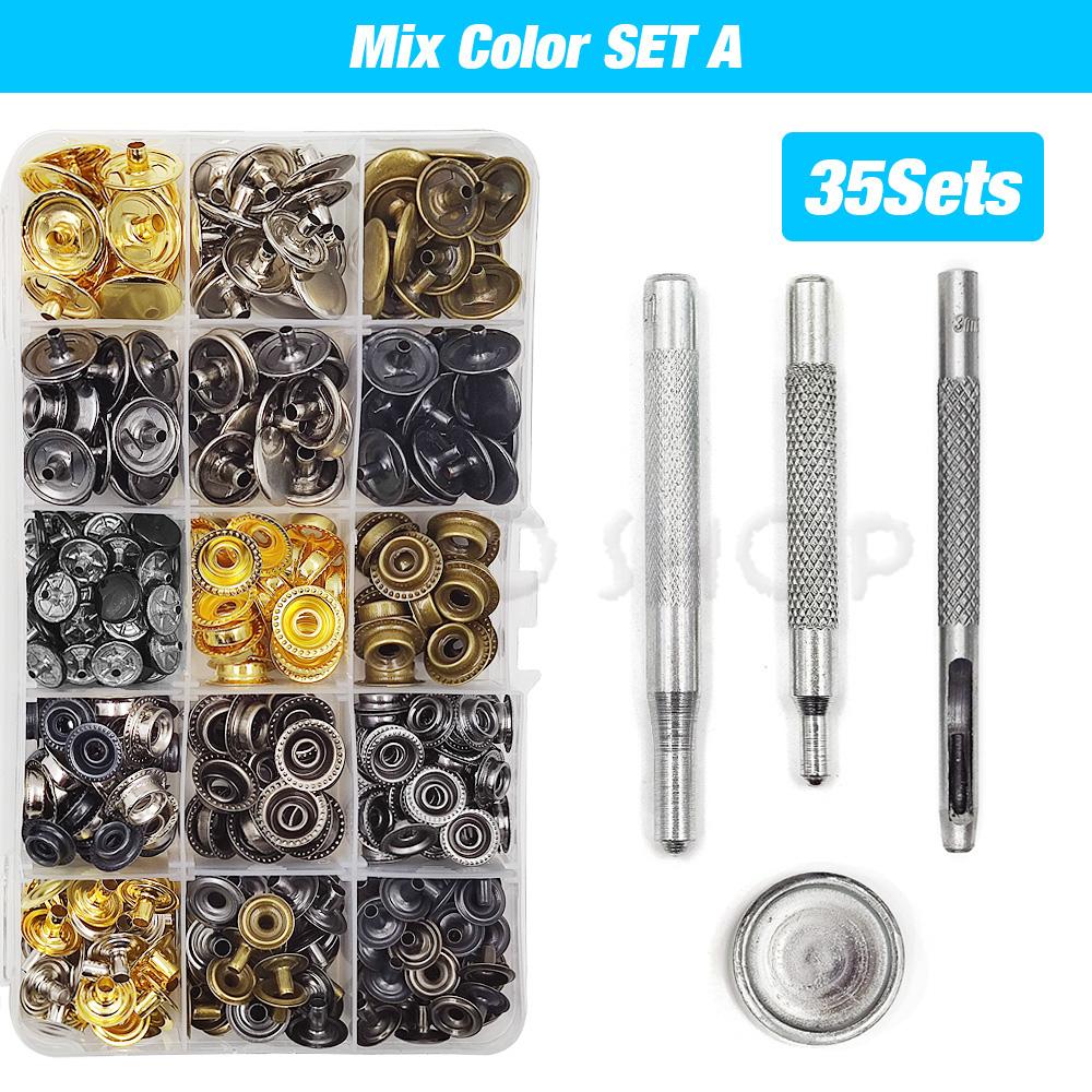 25Sets Metal Snaps Button Snap Fasteners Press Studs With 4 Installation Tools Kit For Clothes Garment Bags Shoes Leathercraft